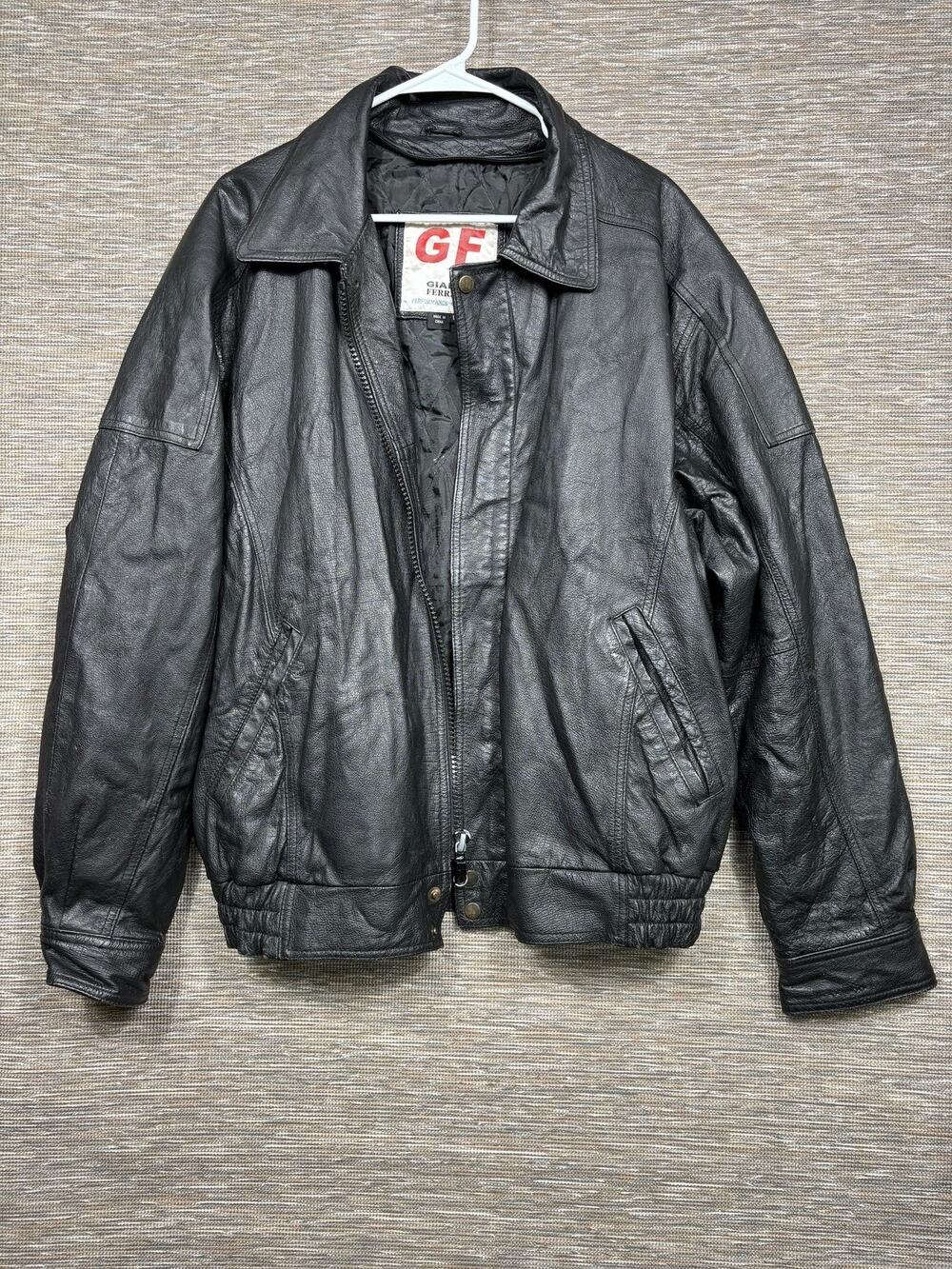 Gianni Ferrara Jacket Mens Large Black Leather Bomber Elastic Hem Zip Pockets